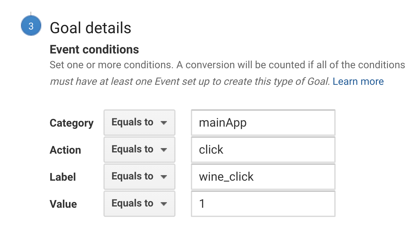 screenshot of Google Analytics goal parameters