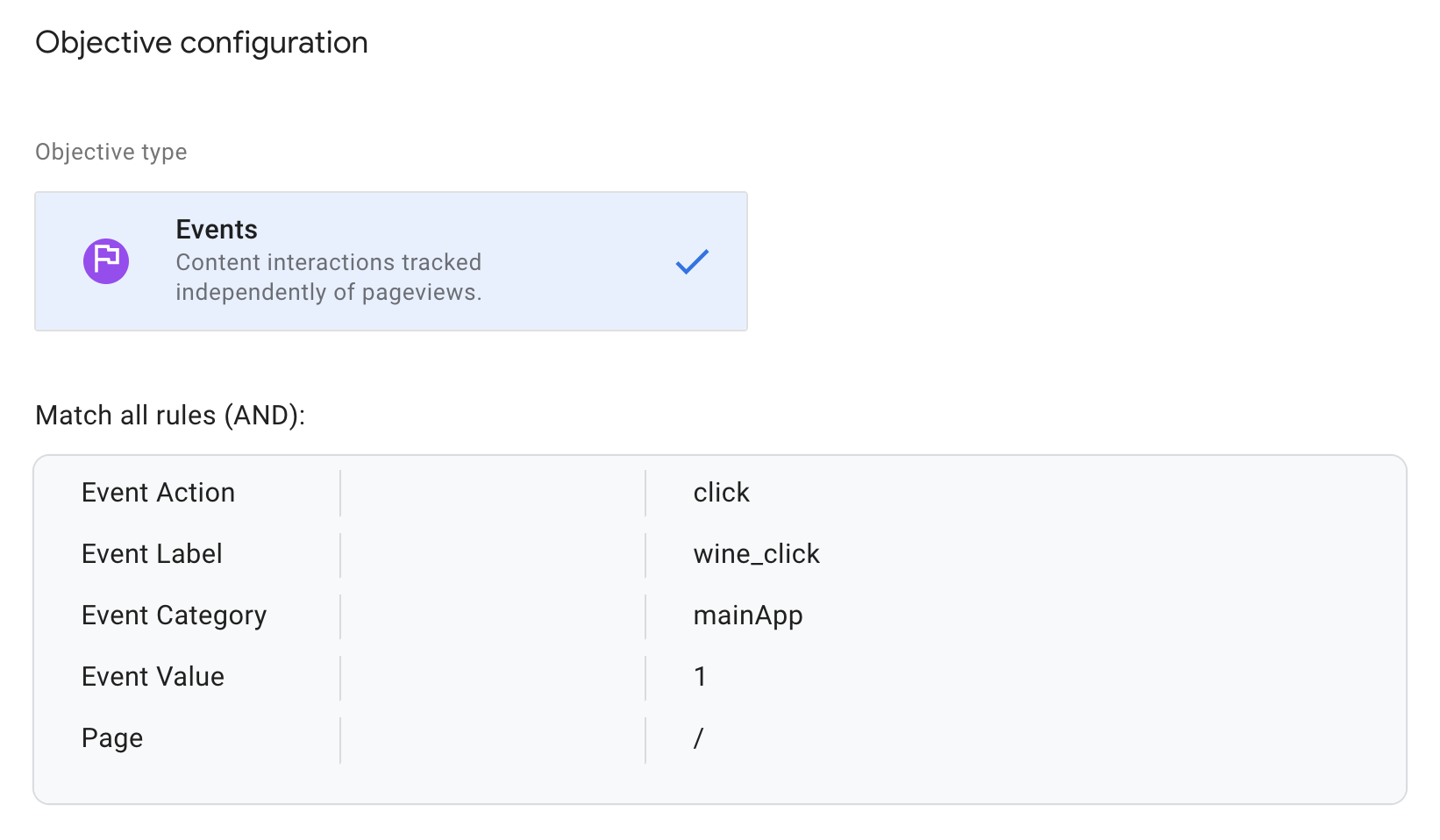 screenshot of objective configuration in Google Optimize